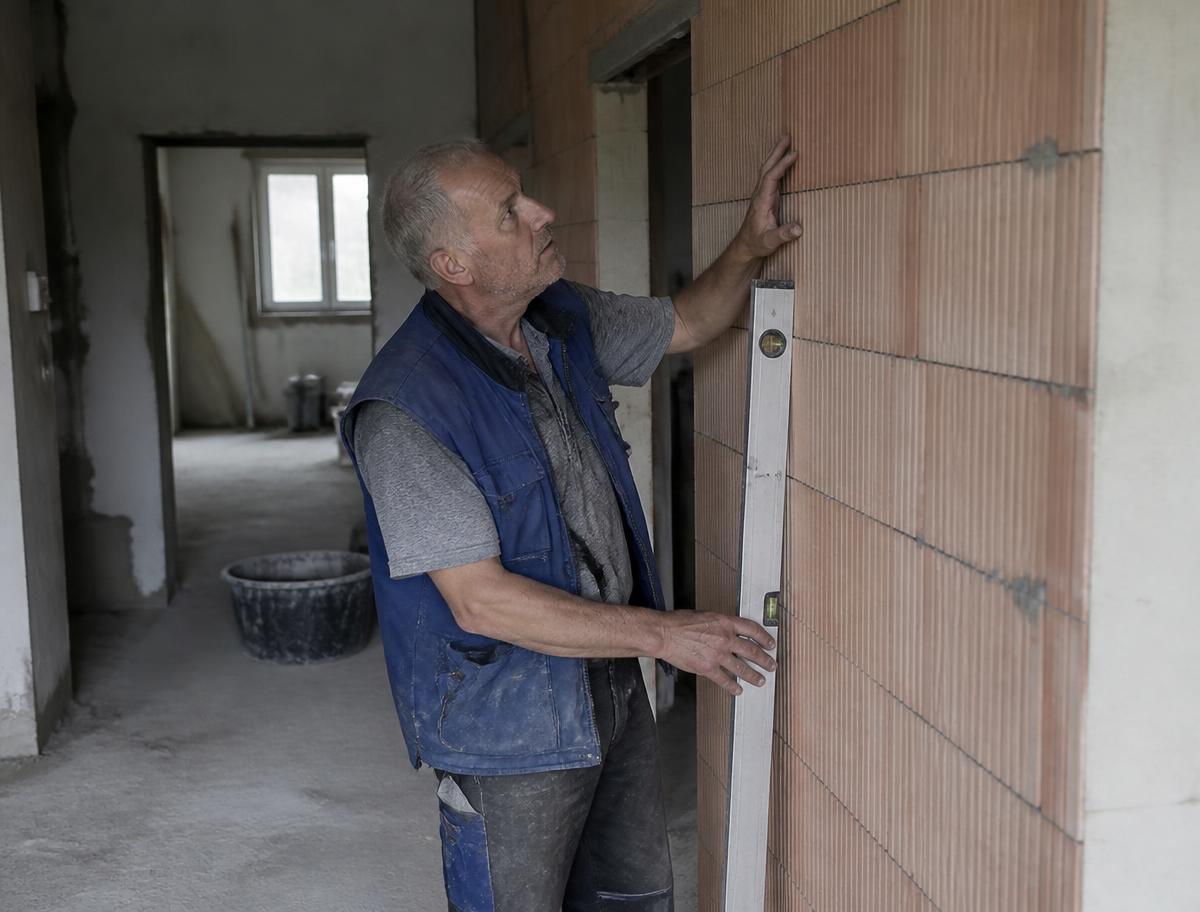 Řemeslník kontroluje rovinu zdiva vodováhou